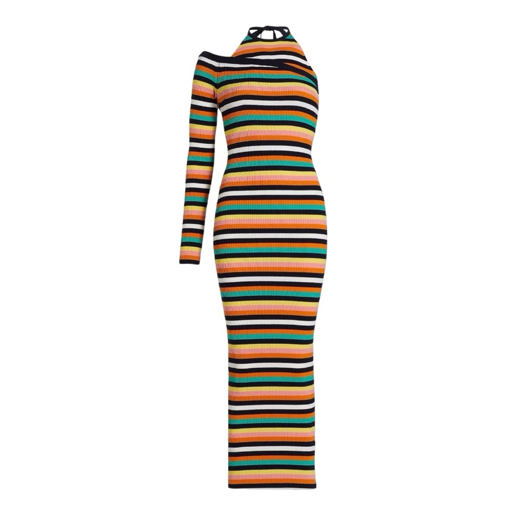 Monse Striped One-Sleeve Halter Midi-Dress